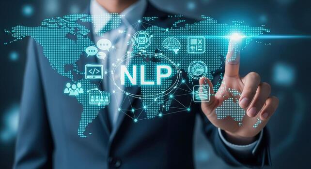 NLP Concept Businessman Touching Virtual Screen Displaying Artificial Intelligence Technology for Global Business Solutions and Future Innovations photo
