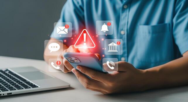Smartphone Alert Man Receiving Notifications and System Warning on Mobile Device, Cyber Security Concept photo
