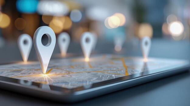 Location Pin Markers on Digital Tablet Displaying Map for Navigation and Search Applications photo