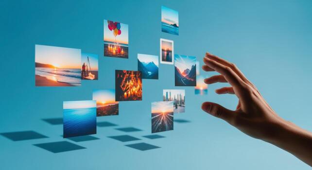 Conceptual Art Hand Reaching for Floating Photographs Representing Memories, Dreams, and Visual Content on Blue Background photo