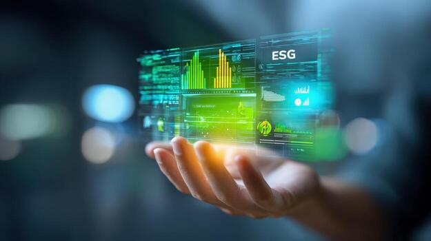 ESG Data Visualization Hand Holding Holographic Display of Environmental, Social, and Governance Performance Metrics photo