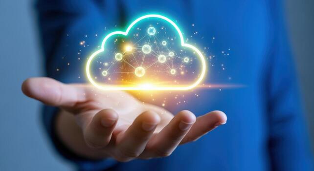 Cloud Computing Concept A Hand Holding an Abstract Cloud Symbolizing Data and Network Connectivity photo