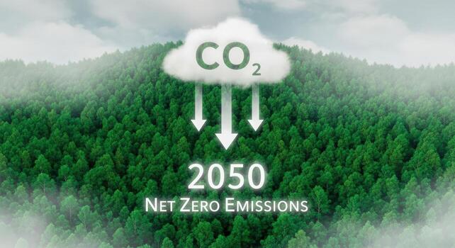 Net Zero Emissions Target by 2050 Carbon Dioxide Reduction, Reforestation, and Sustainable Future Concept photo