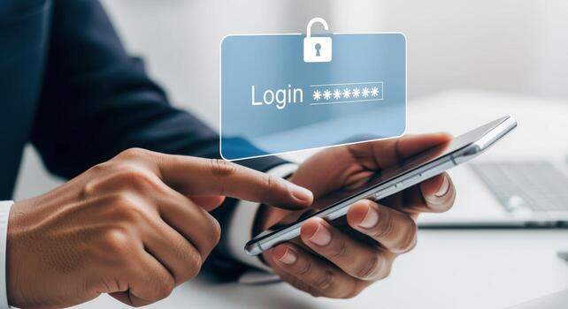 Secure Mobile Login Businessman Accessing Account with Password Protection on Smartphone for Data Security photo