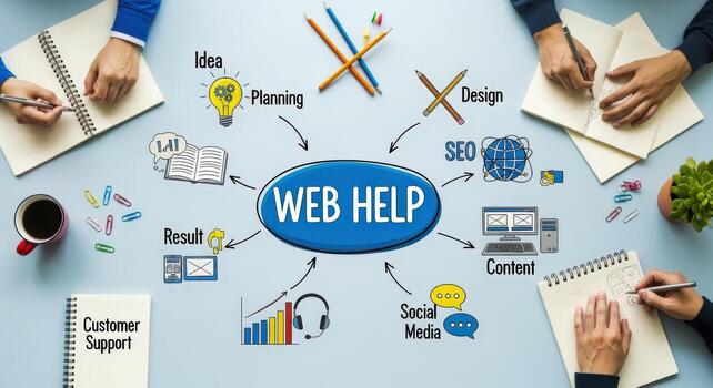 Web Help Concept for Business Development, SEO, Social Media, Customer Support and Design photo