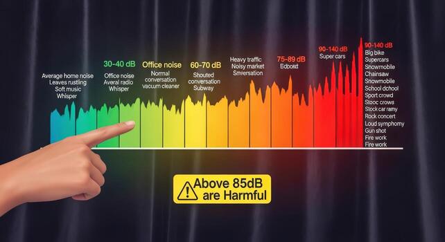 Noise Level Chart Displaying Harmful Decibel Levels with Person Pointing, Illustrating Hearing Damage Awareness and Safety Measures photo
