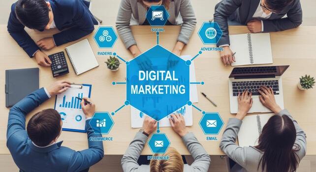 Overhead View of Business Team Discussing Digital Marketing Strategy and Planning at Office Table photo