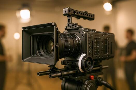 Professional Cinema Camera on Tripod with Hood, Lens, and Focus Knob in Studio Setting photo