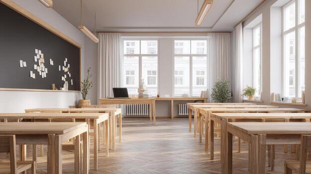 Bright Empty Classroom with Wooden Desks, Chalkboard, and Natural Light Ready for Students photo