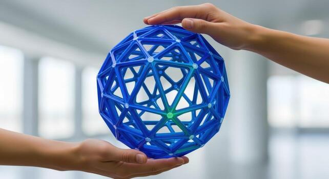 Geometric Blue Sphere Held by Two Hands Symbolizing Connectivity, Unity, and Innovation on White Background photo