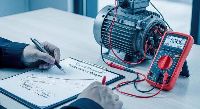 Electrical Motor Performance Analysis Engineer Analyzing Data with Multimeter for Maintenance and Efficiency Optimization photo