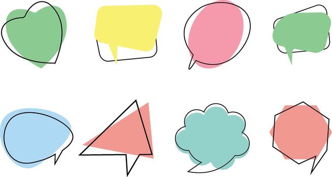 Several colorful geometric speech bubbles with simple black outlines on a white transparent background vector