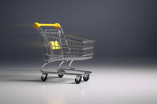 Empty Shopping Cart on Gray Background Symbolizing Retail, Consumerism, and Purchasing photo
