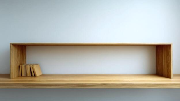 minimalista de madera estante para libros en contra blanco pared fondo, interior diseño y sencillo estético, promoviendo limpieza y abierto espacio foto