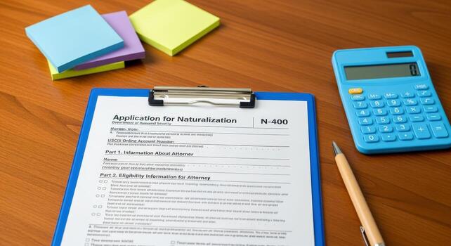 Naturalization Application N-400 on Clipboard with Calculator, Pen and Sticky Notes Arranged on a Wooden Desk photo