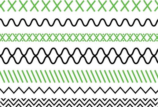Geometric line art showcases patterns of alternating crosses, waves, stripes, and zigzags on white vector