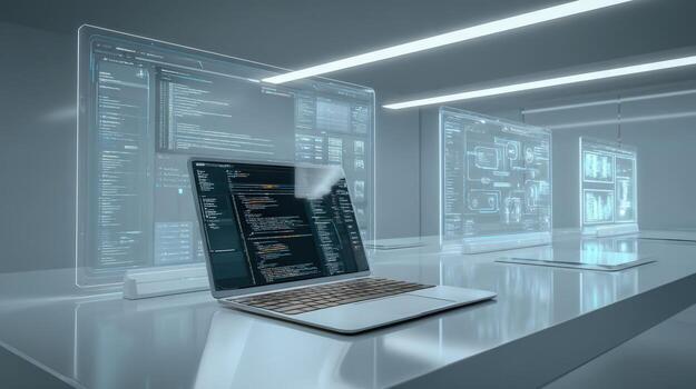 Futuristic Workspace with Laptop Displaying Code and Holographic Screens, Ideal for Software Development and Technology Concepts photo