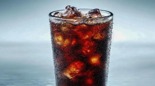 Refreshing Dark Soda with Ice Cubes in a Glass, Perfect for Summer Thirst Quenching photo