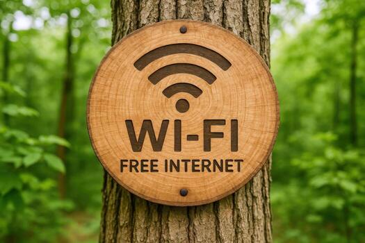 de madera firmar mostrando gratis Internet acceso en naturaleza, conectando tecnología y al aire libre foto