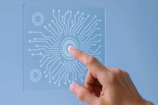 Human Finger Touching Transparent Interactive Display with Circuit Board Illustration, High Technology and Modern User Interface photo