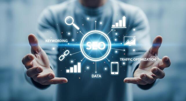 Hands Presenting a Digital SEO Concept with Key Elements for Optimization and Growth in Online Marketing photo