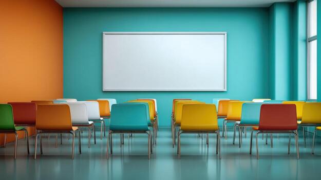 Empty Classroom with Colorful Chairs and Whiteboard Ready for Students and Educational Activities photo