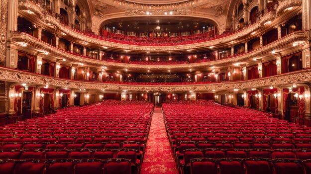 Grand Theater Interior Elegant Auditorium with Red Seating and Ornate Architecture, Showcasing Opulence and Performance photo