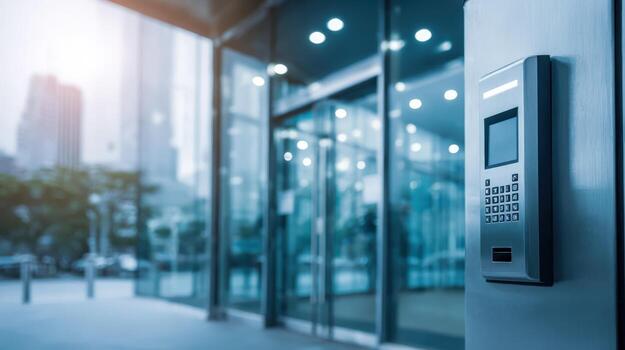 Modern Office Building Access Control System Secure Entry with Keypad and Biometric Security photo