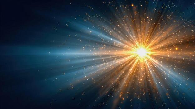 Abstract Light Burst with Golden Rays and Glittering Particles on Dark Blue Background photo