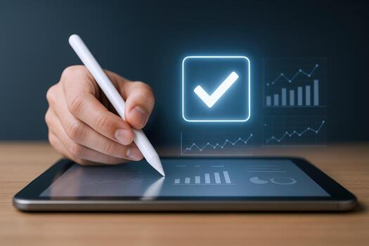 Digital Verification Concept Hand Using Stylus on Tablet with Tick Symbol and Data Charts photo