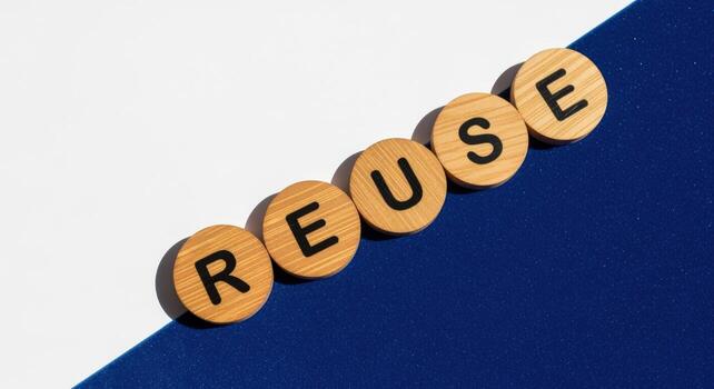 Reusing concept Wooden Circular Letters spelling REUSE on Blue and White Background, Eco Friendly Lifestyle photo