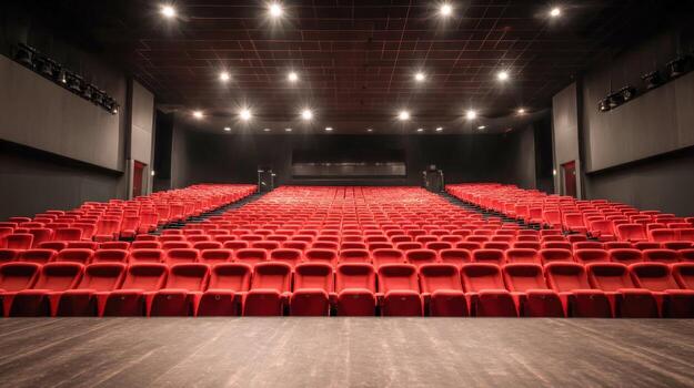 Empty Theater with Red Seats and Stage Ready for Performance or Show Viewing photo