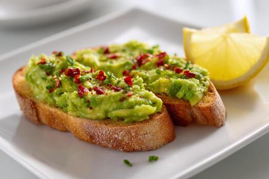 Avocado Toast with Red Pepper Flakes and Lemon Wedges on a White Plate photo