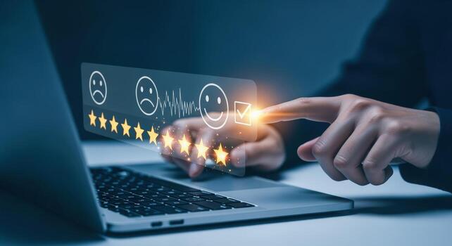 Online Customer Feedback Experience User Selecting Positive Rating with a Glowing Hologram Interface on Laptop photo