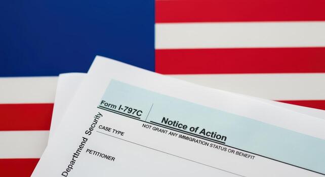 Immigration Documents on American Flag Background Depicting Visa Application Processing and Legal Status in United States photo