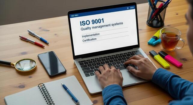 ISO 9001 Quality Management System on Laptop Screen Display, Person Working at Desk, Business Concept photo