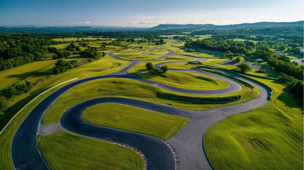Aerial View of a Motor Racing Circuit Surrounded by Green Fields and Distant Mountains photo