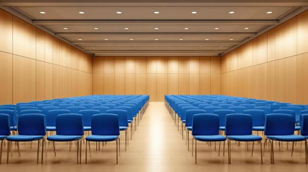 Empty auditorium with blue chairs awaiting attendees for a conference or lecture event photo