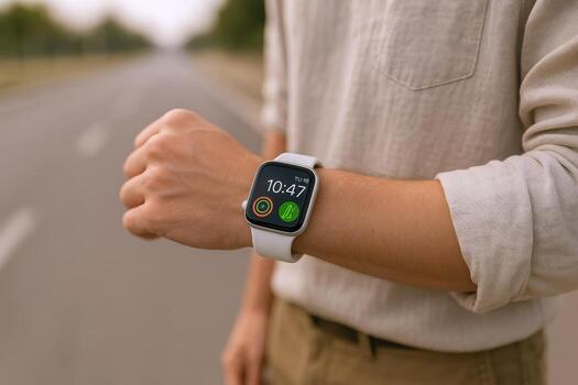 Man checking smart watch outdoors for time and wellness tracking on a neutral background photo