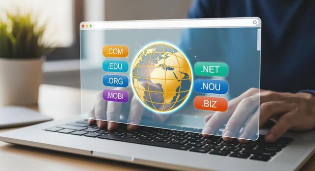 Domain Name Search on Laptop Screen with Global Network Connection, Internet Concept photo