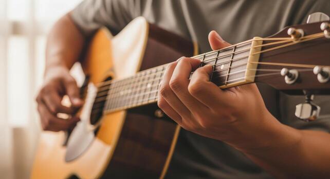 Acoustic Guitar Player Strumming Chords, Focused on Hand Position and Musical Expression for Performance Concepts photo