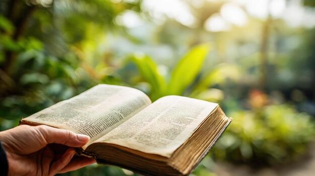 Vintage Book Open with Lush Green Background, Perfect for Reading and Knowledge Concepts photo