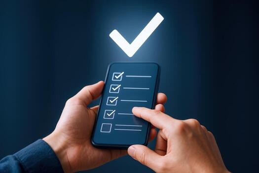 Smartphone Checklist Concept Man Holding Phone with Completed Tasks and Check Mark Icon photo