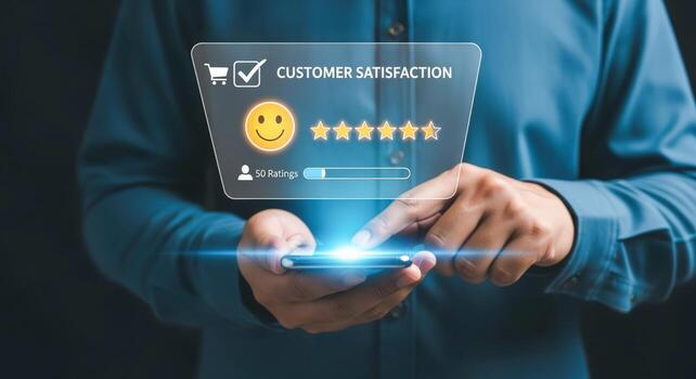 Customer Satisfaction on Smartphone Man Interacting with Digital Interface for Feedback and Ratings photo