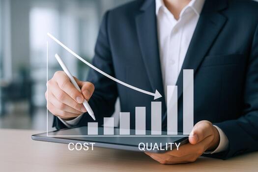 empresario analizando costo y calidad grafico en tableta, exhibiendo negocio actuación y estrategia para éxito foto