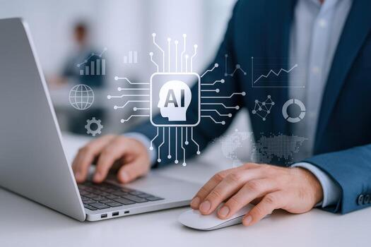 AI Integration in Business A Professional Using Artificial Intelligence on a Laptop for Data Analysis photo