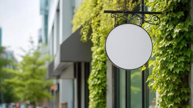 Blank White Signage Mockup on Building Exterior with Greenery for Custom Business Branding photo
