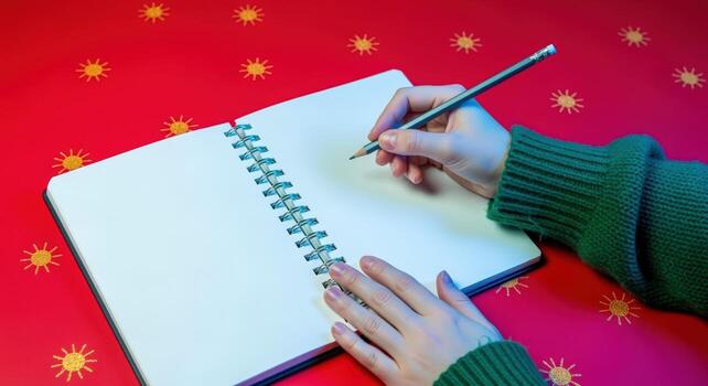 Womans Hands Holding Pencil Over Open Spiral Notebook Ready to Write on Bright Red Table photo
