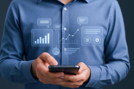 Man using smartphone with digital business infographics, data analysis and online communication, modern technology and investment concept photo