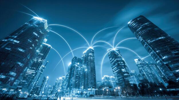 Modern Cityscape at Night with Data Connections Representing Global Connectivity and Technological Advancement photo